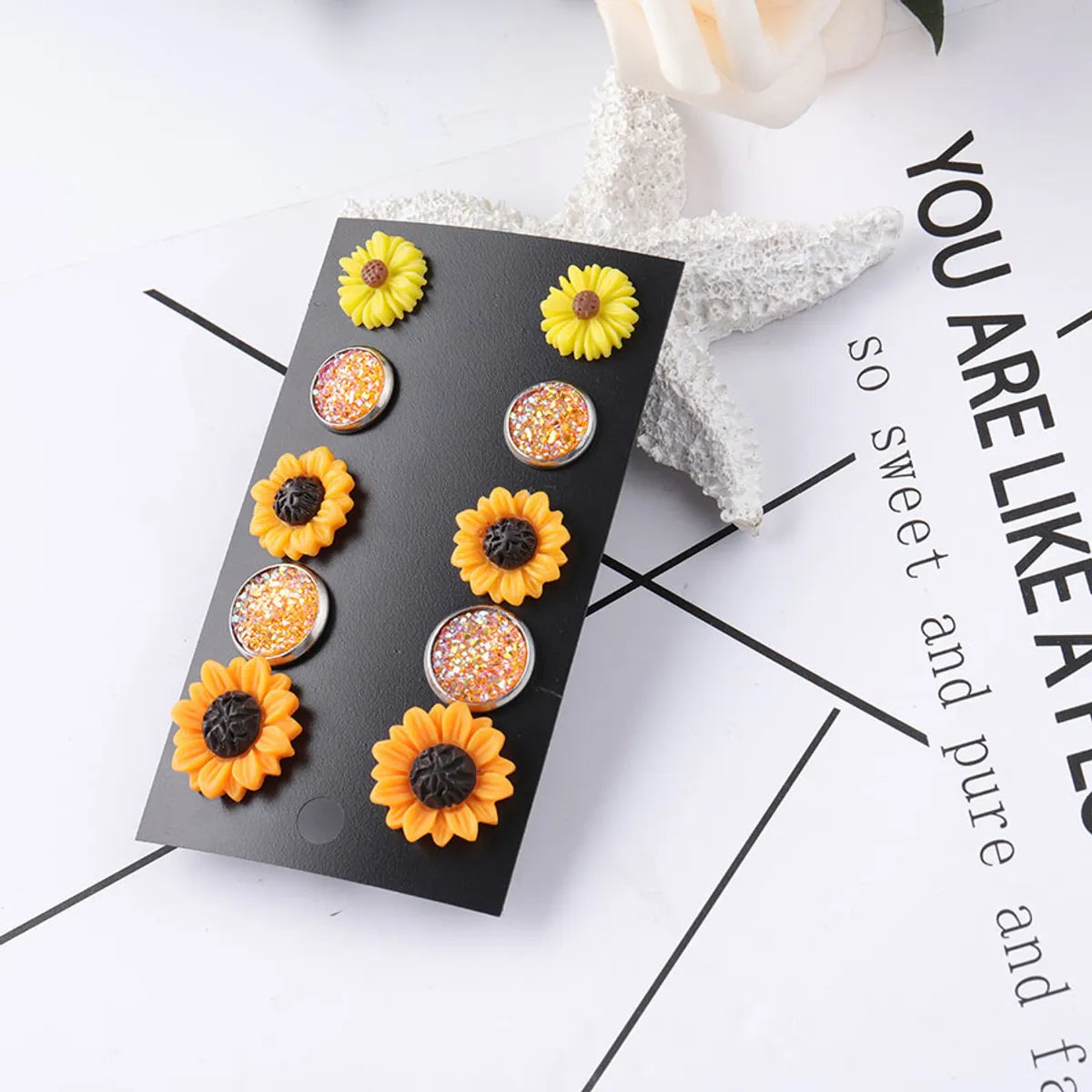 1 Set Pastoral Sunflower Round Stainless Steel Resin Ear Studs