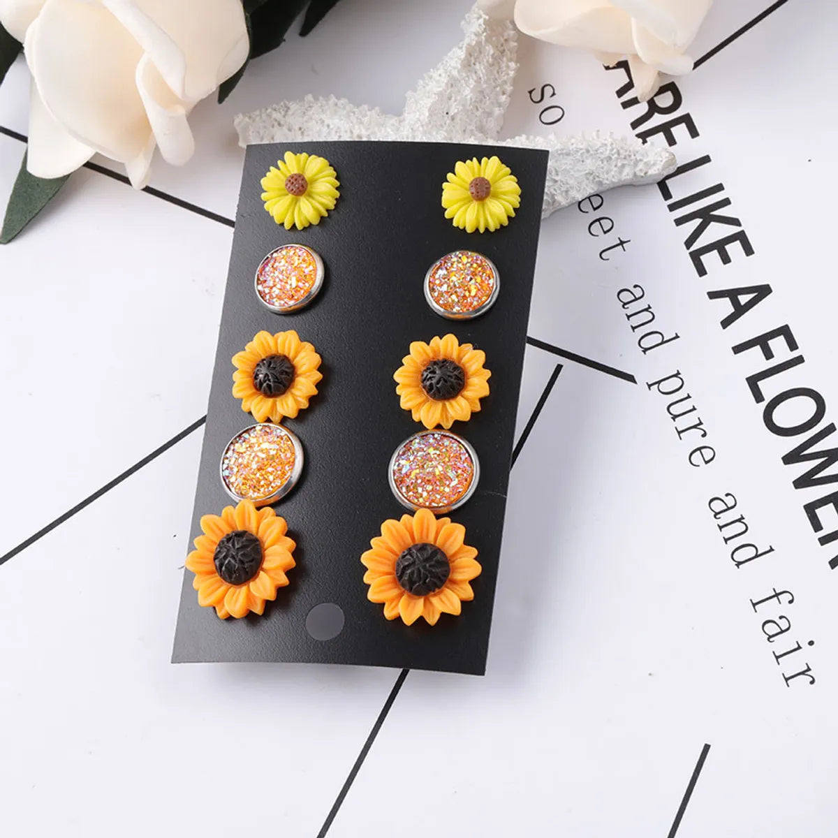 1 Set Pastoral Sunflower Round Stainless Steel Resin Ear Studs