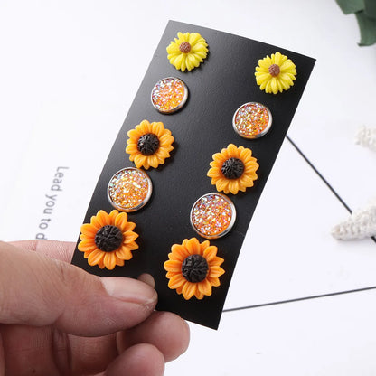 1 Set Pastoral Sunflower Round Stainless Steel Resin Ear Studs