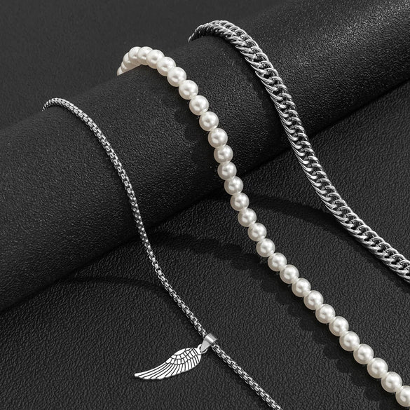 Wholesale Jewelry Punk Pearl Wings Artificial Pearl Alloy Iron Beaded Chain Necklace