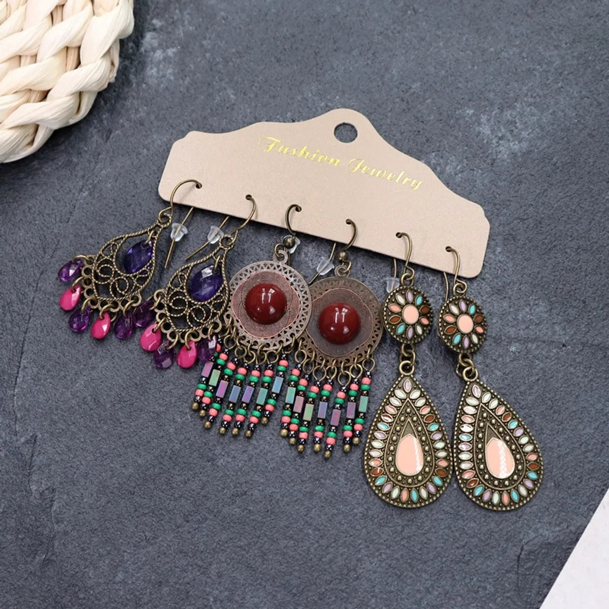 1 Set Retro Flower Alloy Turquoise Seed Bead Handmade Women'S Drop Earrings