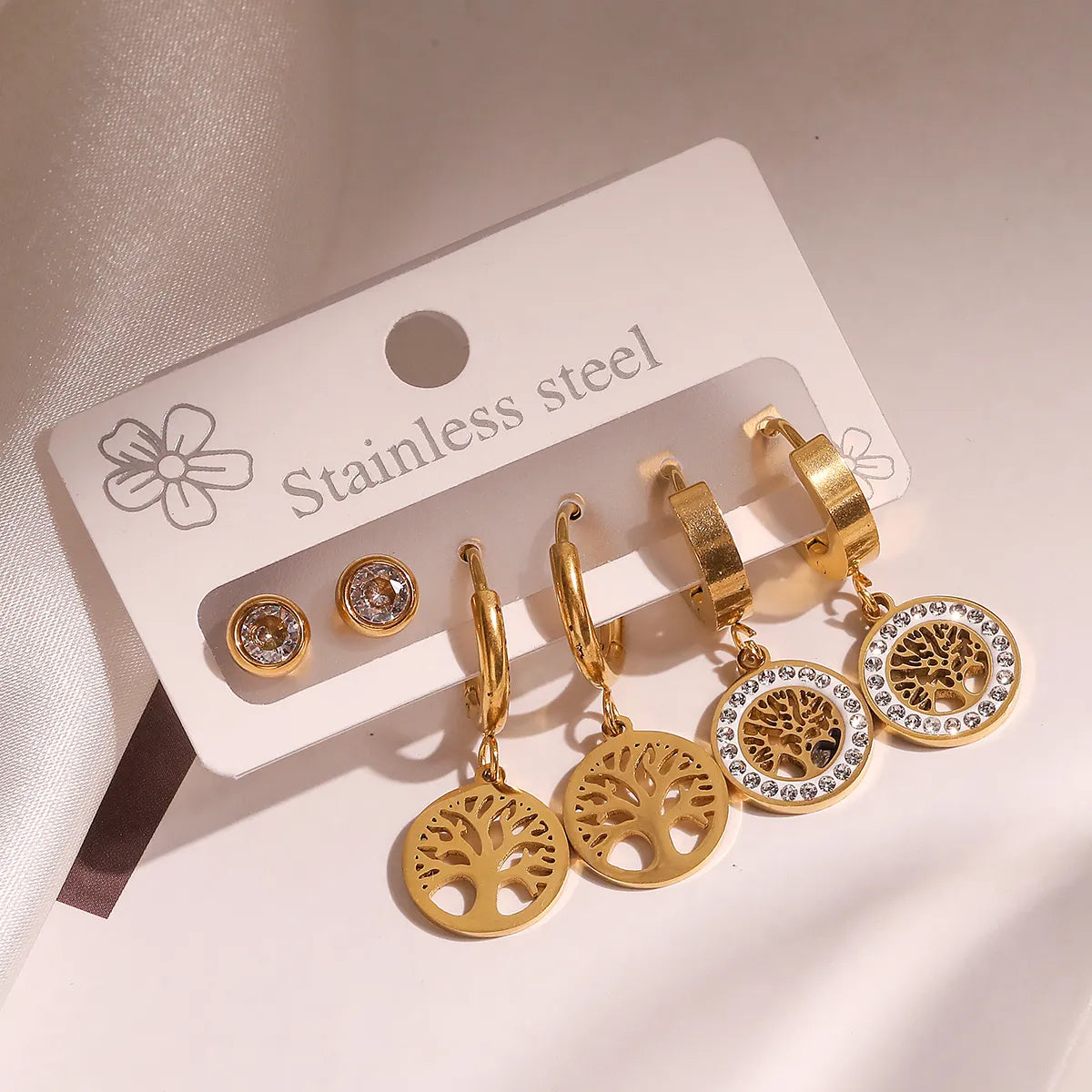 1 Set Retro Simple Style Tree Plating Inlay Titanium Steel Zircon 18k Gold Plated Drop Earrings