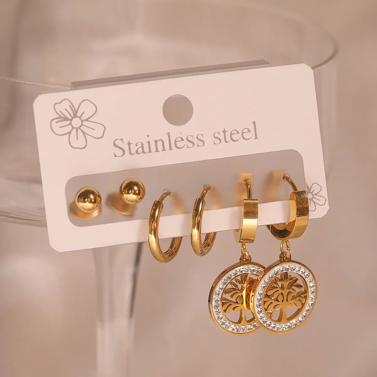 1 Set Retro Simple Style Tree Plating Inlay Titanium Steel Zircon 18k Gold Plated Drop Earrings