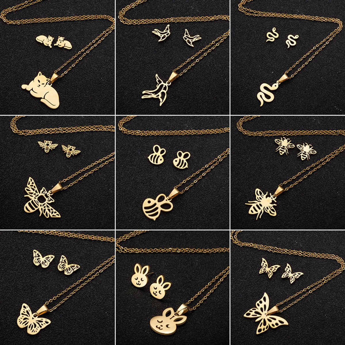 1 Set Simple Style Bee Butterfly Stainless Steel Plating Earrings Necklace