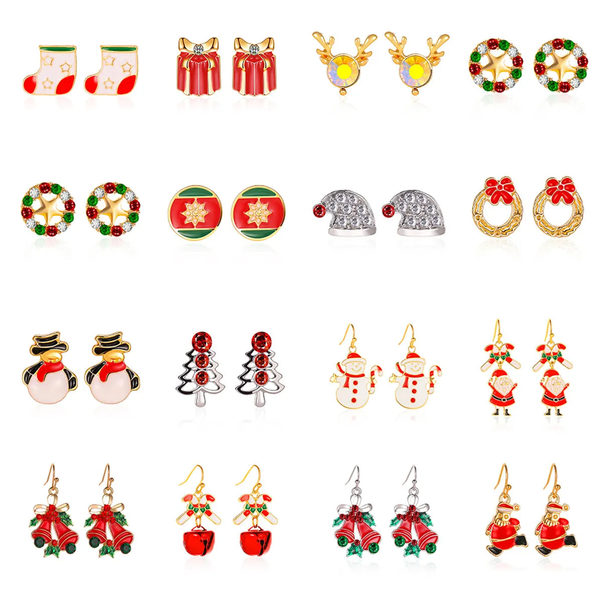 1 Set Simple Style Christmas Hat Snowman Inlay Alloy Zircon Drop Earrings Ear Studs