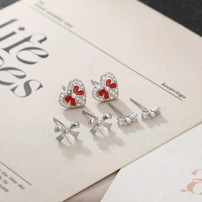 1 Set Simple Style Heart Shape Bow Knot Plating Inlay Copper Zircon Ear Studs