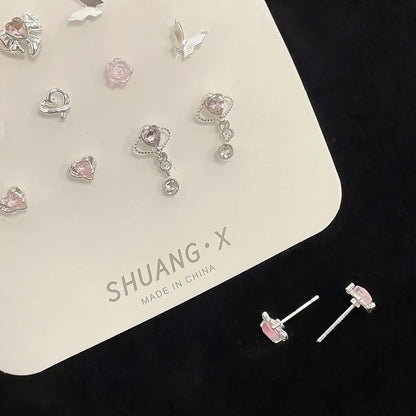 1 Set Simple Style Heart Shape Flower Bow Knot Inlay Alloy Artificial Gemstones Ear Studs