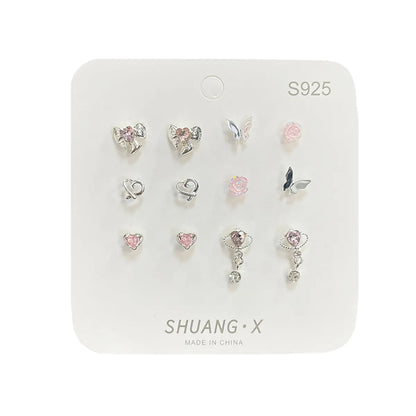 1 Set Simple Style Heart Shape Flower Bow Knot Inlay Alloy Artificial Gemstones Ear Studs