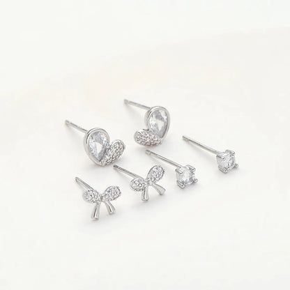 1 Set Simple Style Round Heart Shape Bow Knot Plating Inlay Copper Zircon Ear Studs