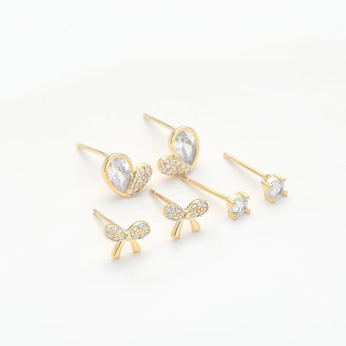 1 Set Simple Style Round Heart Shape Bow Knot Plating Inlay Copper Zircon Ear Studs