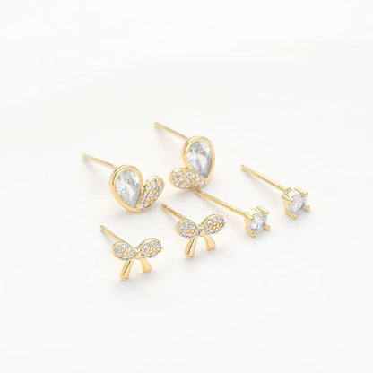 1 Set Simple Style Round Heart Shape Bow Knot Plating Inlay Copper Zircon Ear Studs