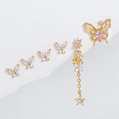 1 Set Sweet Butterfly Brass Asymmetrical Plating Inlay Zircon 18k Gold Plated Ear Studs