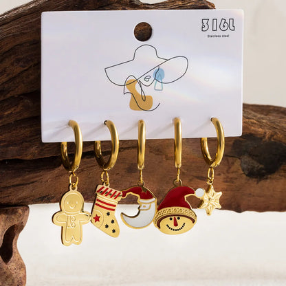 1 Set Sweet Christmas Tree Santa Claus Snowman Enamel Hollow Out Stainless Steel 14k Gold Plated Drop Earrings