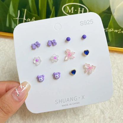 1 Set Sweet Heart Shape Flower Bow Knot Alloy Ear Studs