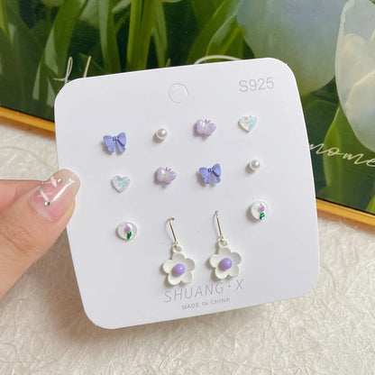 1 Set Sweet Heart Shape Flower Bow Knot Alloy Ear Studs