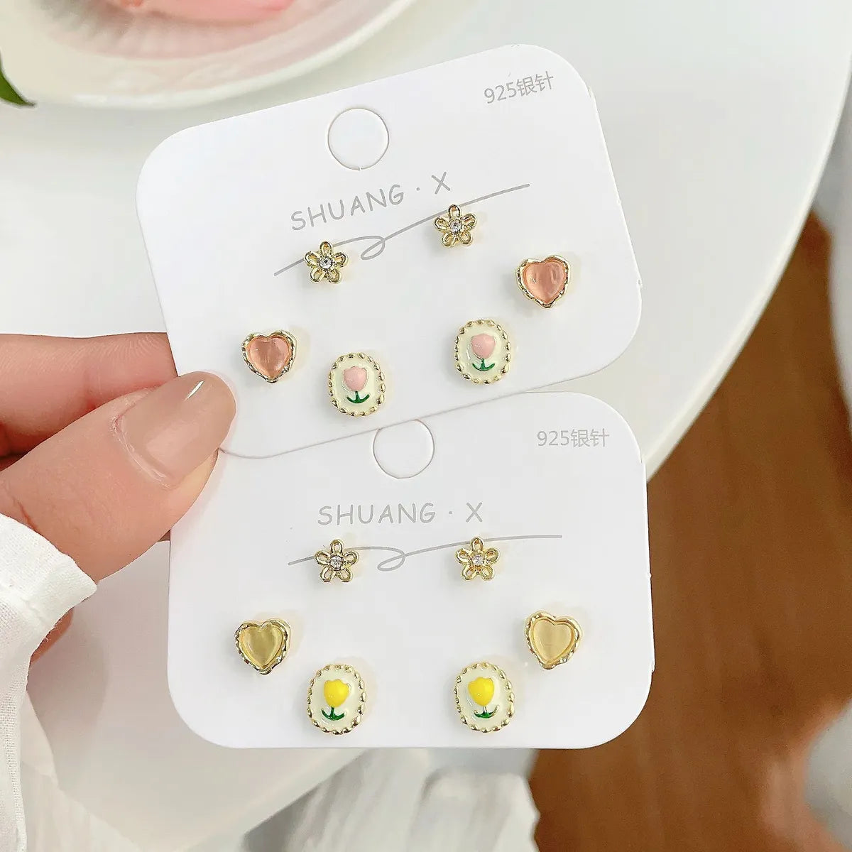 1 Set Sweet Heart Shape Flower Plating Inlay Alloy Opal Ear Studs