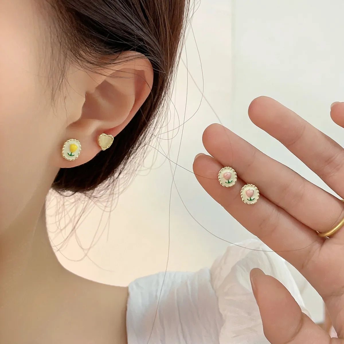 1 Set Sweet Heart Shape Flower Plating Inlay Alloy Opal Ear Studs