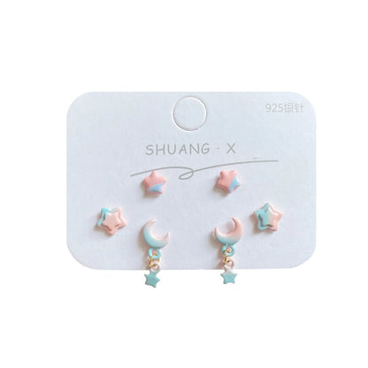 1 Set Sweet Star Moon Enamel Alloy Drop Earrings Ear Studs