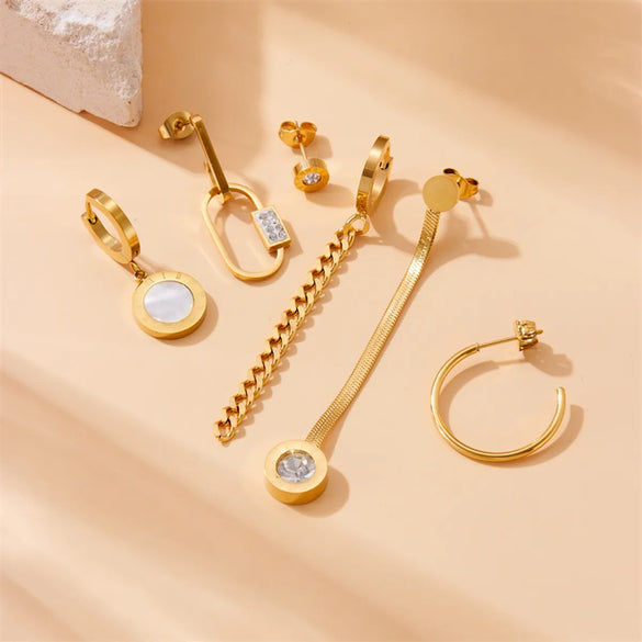 1 Set Vintage Style Round Roman Numeral Asymmetrical 304 Stainless Steel 18K Gold Plated Drop Earrings Ear Studs