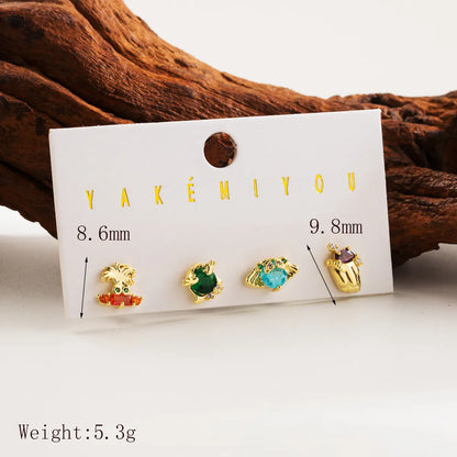 1 Set Yakemiyou Classic Style Commute Cartoon Inlay Copper Zircon 14K Gold Plated Ear Studs