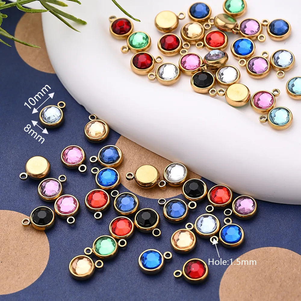 10 PCS/Package 10x8mm Hole 1~1.9mm 304 Stainless Steel Birthstone Gold Plated Solid Color Transparent Polished Pendant