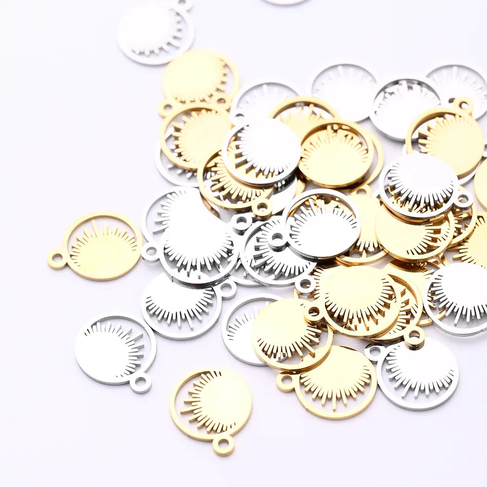 10 PCS/Package 12*14.5mm Hole 1~1.9mm 304 Stainless Steel Gold Plated Circle Sun Polished Pendant