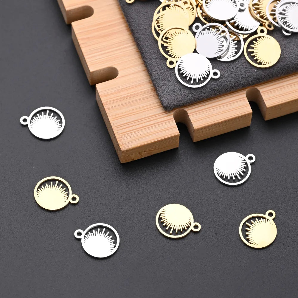 10 PCS/Package 12*14.5mm Hole 1~1.9mm 304 Stainless Steel Gold Plated Circle Sun Polished Pendant