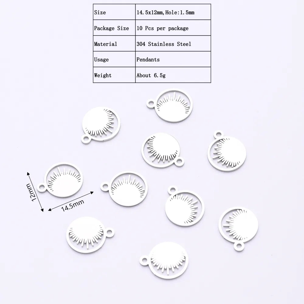 10 PCS/Package 12*14.5mm Hole 1~1.9mm 304 Stainless Steel Gold Plated Circle Sun Polished Pendant