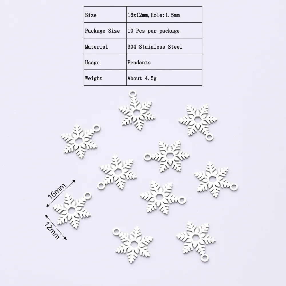 10 PCS/Package 12*16mm Hole 1~1.9mm 304 Stainless Steel Gold Plated Snowflake Polished Pendant