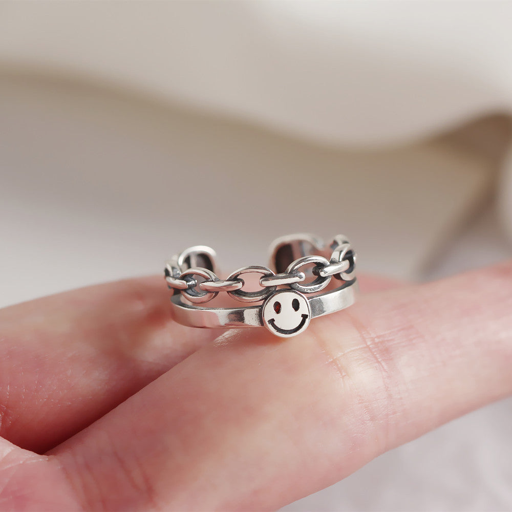 South Korea Dongdaemun Retro Smiley Face Double Ring S925 Sterling Silver Personalized Index Finger Ring