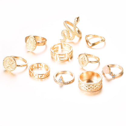 Fashion Carving Three-dimensional Snake Hollow Ring 10-piece Set