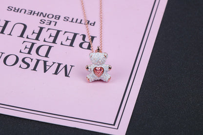 Cute Bear Heart Shape Copper Plating Inlay Rhinestones Pendant Necklace