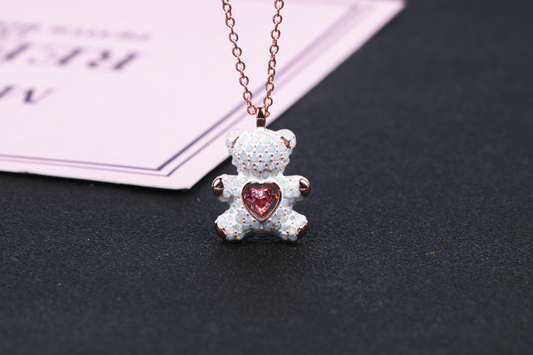 Cute Bear Heart Shape Copper Plating Inlay Rhinestones Pendant Necklace