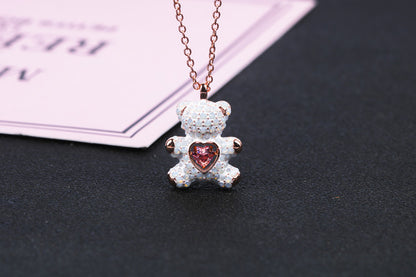 Cute Bear Heart Shape Copper Plating Inlay Rhinestones Pendant Necklace