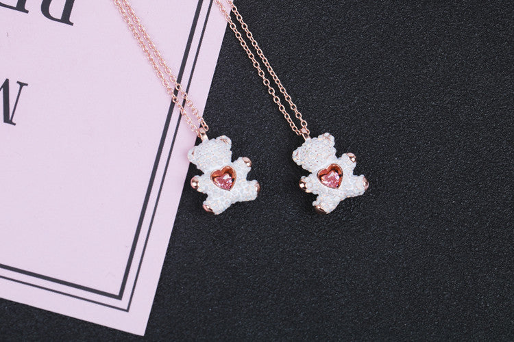 Cute Bear Heart Shape Copper Plating Inlay Rhinestones Pendant Necklace