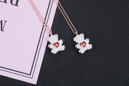 Cute Bear Heart Shape Copper Plating Inlay Rhinestones Pendant Necklace