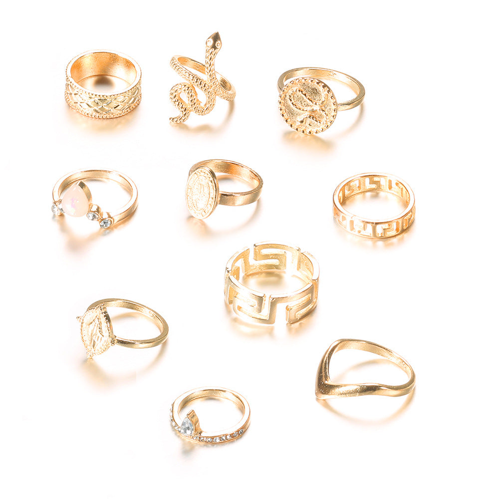 Fashion Carving Three-dimensional Snake Hollow Ring 10-piece Set