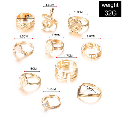 Fashion Carving Three-dimensional Snake Hollow Ring 10-piece Set