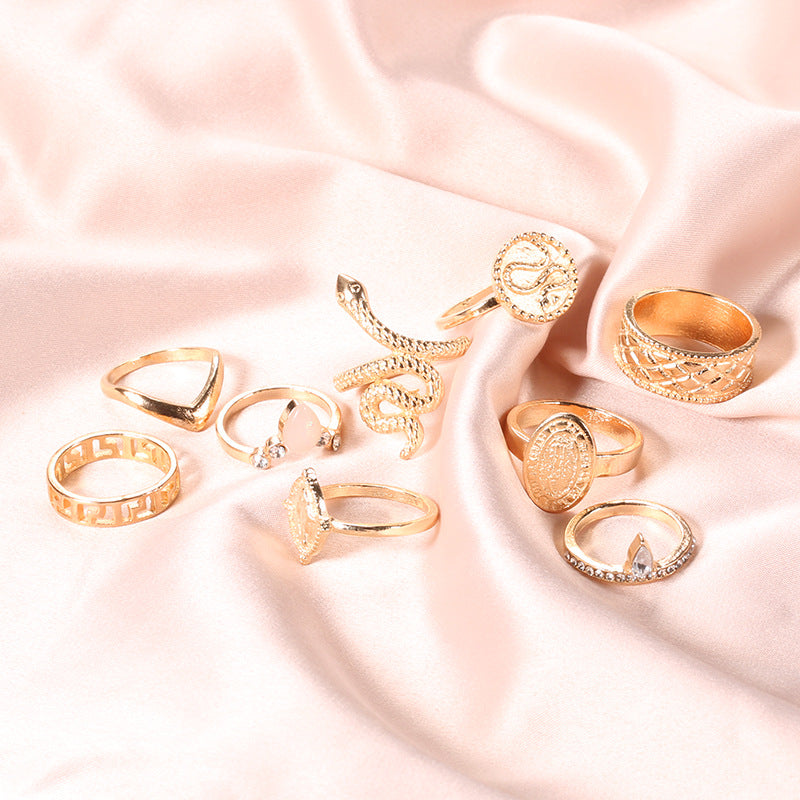 Fashion Carving Three-dimensional Snake Hollow Ring 10-piece Set