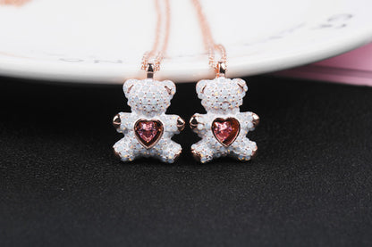 Cute Bear Heart Shape Copper Plating Inlay Rhinestones Pendant Necklace