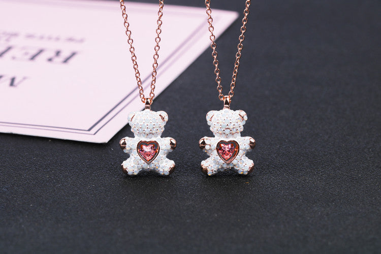 Cute Bear Heart Shape Copper Plating Inlay Rhinestones Pendant Necklace