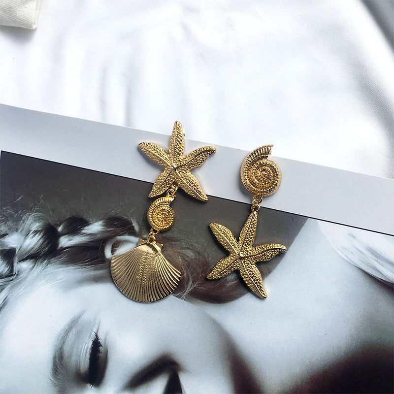 Marine Style Starfish Shell Alloy Asymmetrical Gold Plated Drop Earrings