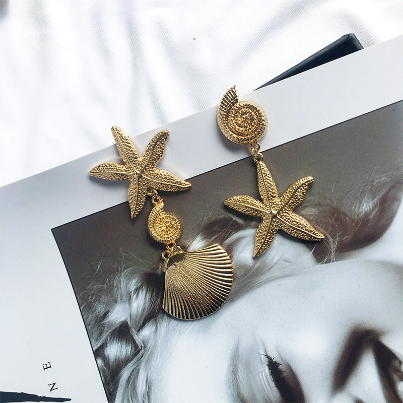 Marine Style Starfish Shell Alloy Asymmetrical Gold Plated Drop Earrings