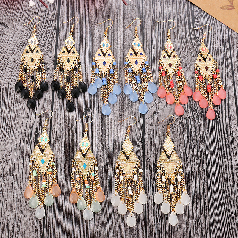 Creative New Rhombus Stitching Long Rice Bead Drop Earrings Wholesale