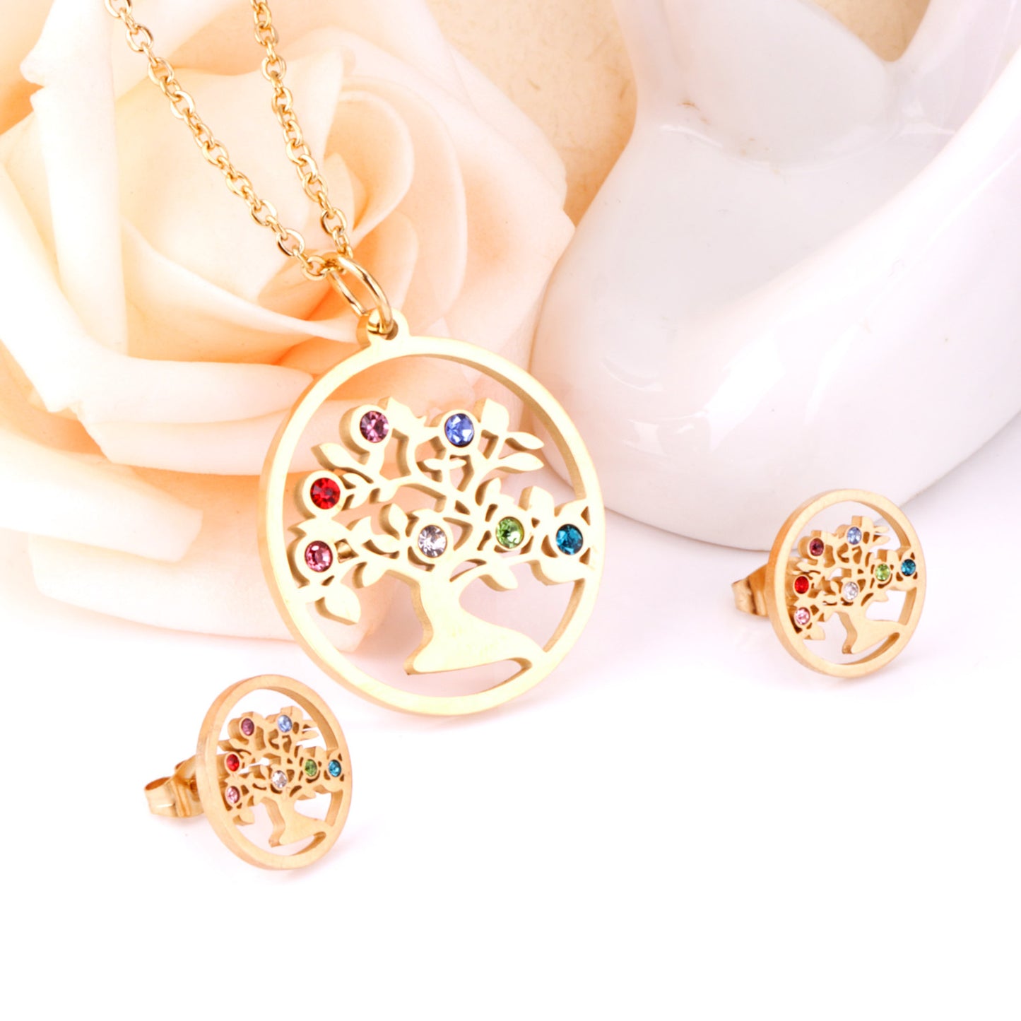 Simple Style Tree Stainless Steel Plating Zircon Earrings Necklace 1 Set