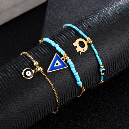 New Creative Popular Geometric Triangle Alloy Hollow Elephant Eyes Rice Beads Multilayer Anklet