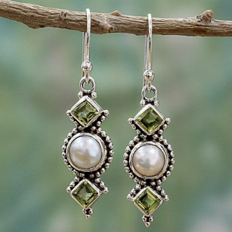 1 Pair Retro Ethnic Style Round Rhombus Inlay Alloy Artificial Pearls Rhinestones Drop Earrings