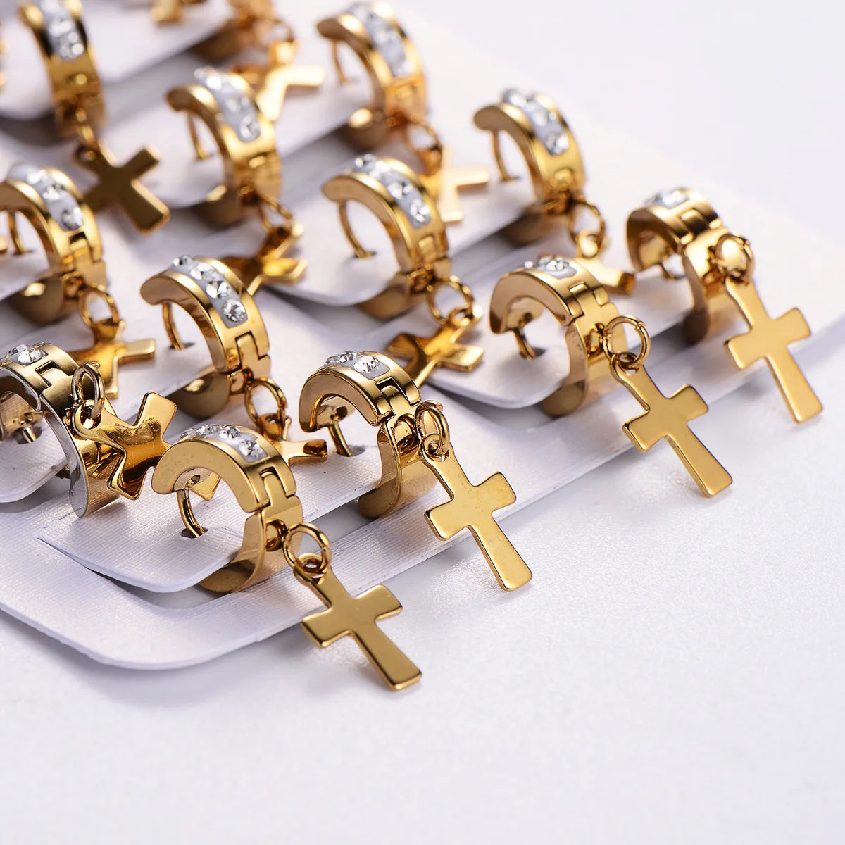 12 Pairs Casual Cross Plating Inlay Stainless Steel Zircon 18K Gold Plated Drop Earrings