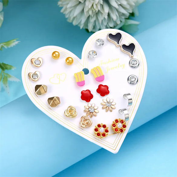 12 Pairs Casual Cute Heart Shape Strawberry Butterfly Inlay Alloy Artificial Rhinestones Ear Studs