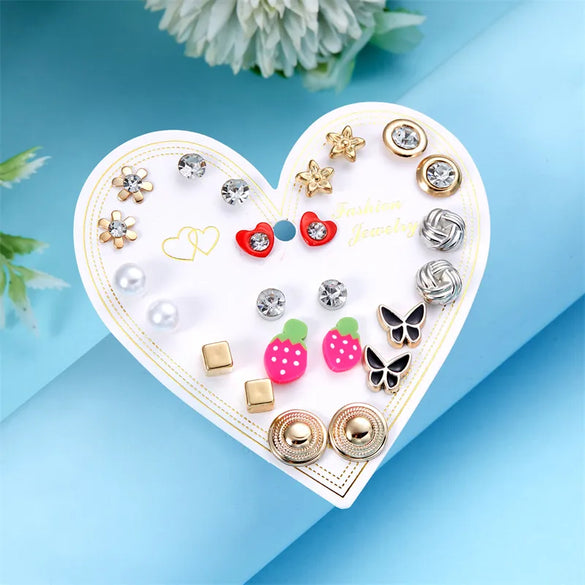 12 Pairs Casual Cute Heart Shape Strawberry Butterfly Inlay Alloy Artificial Rhinestones Ear Studs
